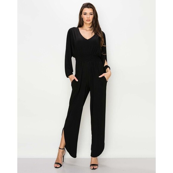 LAST TANGO Black Jumpsuit XL VNeck Dolman Split Sleeve Ankle Slit Pocket Stretch - Picture 1 of 15